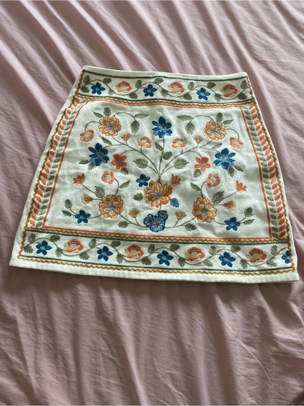 Embroidered Floral White Denim Mini Skirt with Blue, Green, & Orange Accents